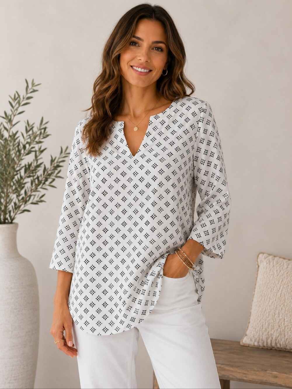 J.Jill 100% Linen White Black Print‎ Tunic Top Women's Small 3/4 Sleeve